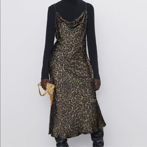 Zara leopard cowl neck silky dress in Size M